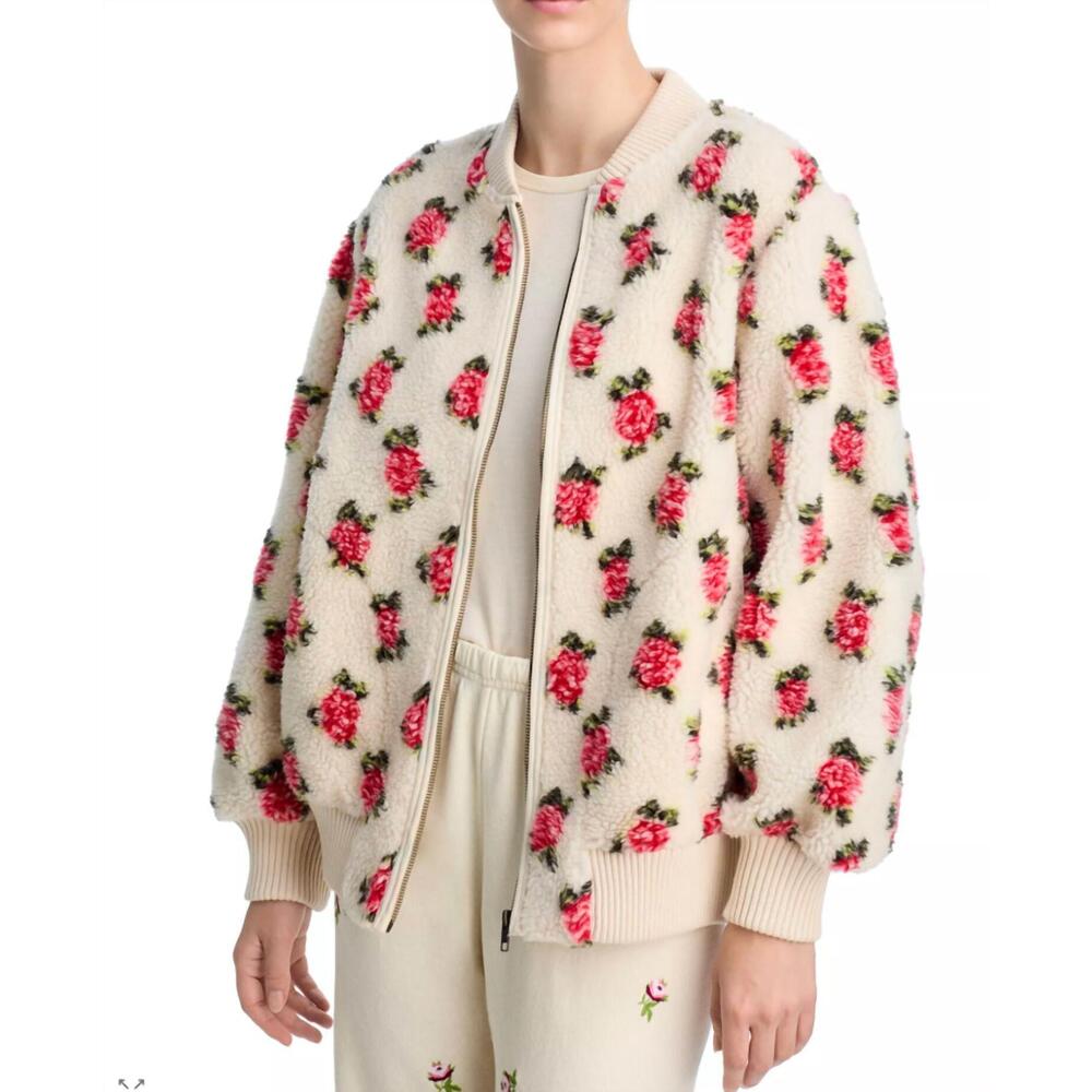 NEW THE GREAT. zip front rose bomber jacket in cream/red - Picture 4 of 4